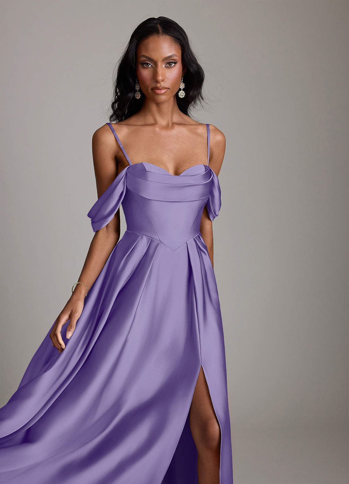 Loisa A-Line Off-the-Shoulder Stretch Satin Bridesmaid Dress in Tahiti