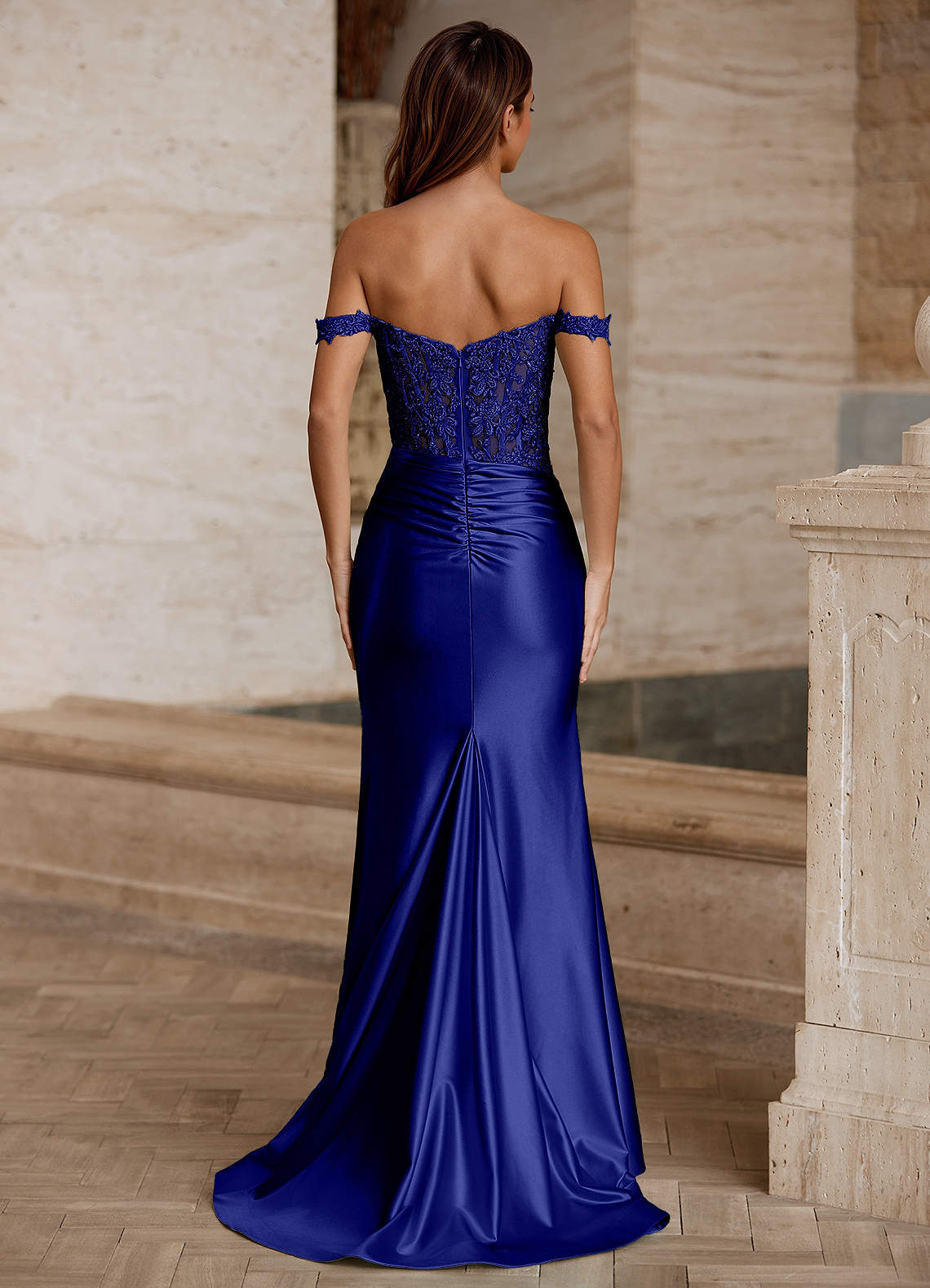Wrentino Mermaid Off-the-Shoulder Stretch Satin Evening Dress in Navy