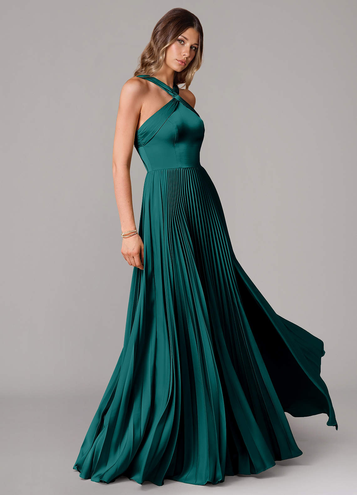 Afra A-Line Halter-Neck Stretch Satin Bridesmaid Dress in Peacock