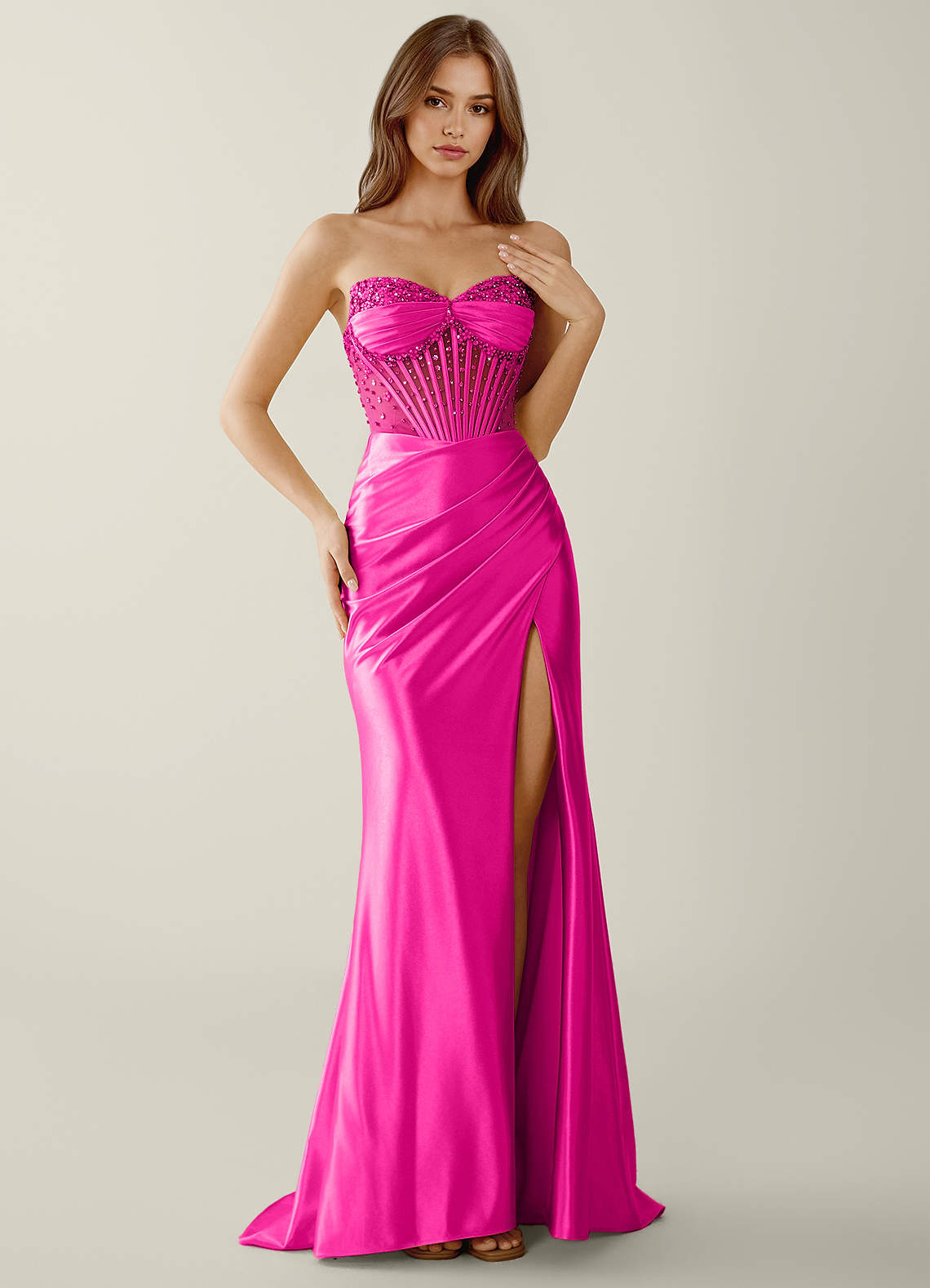 Willa Mermaid Strapless Sequined Satin Evening Dress in Fuchsia
