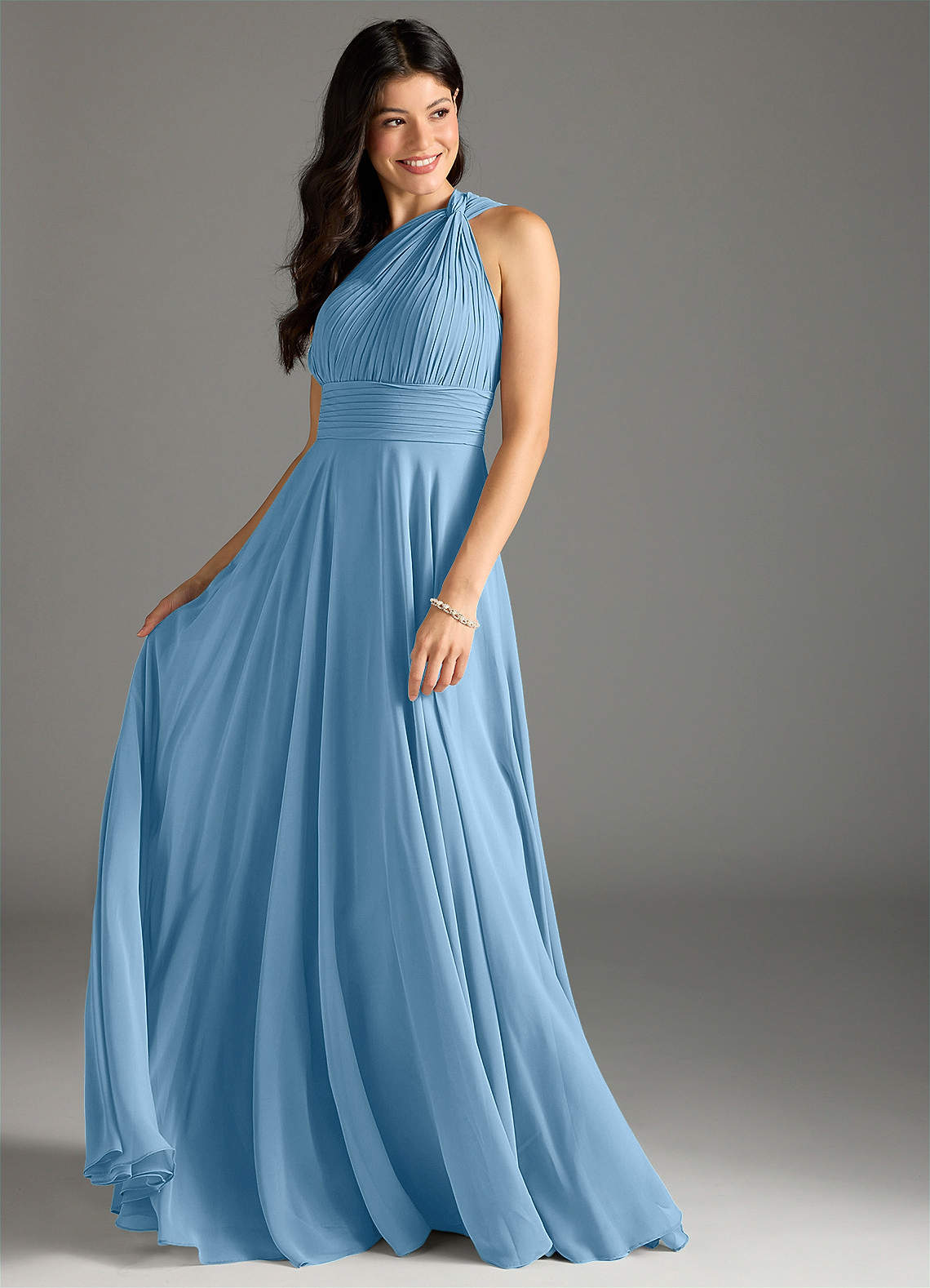 Charlize A-Line One-Shoulder Chiffon Bridesmaid Dress in Steel Blue