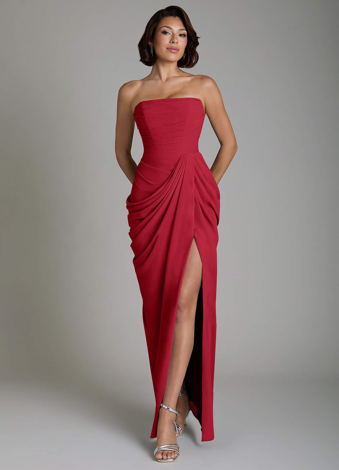 Nyra Sheath Strapless Chiffon Bridesmaid Dress in Scarlet