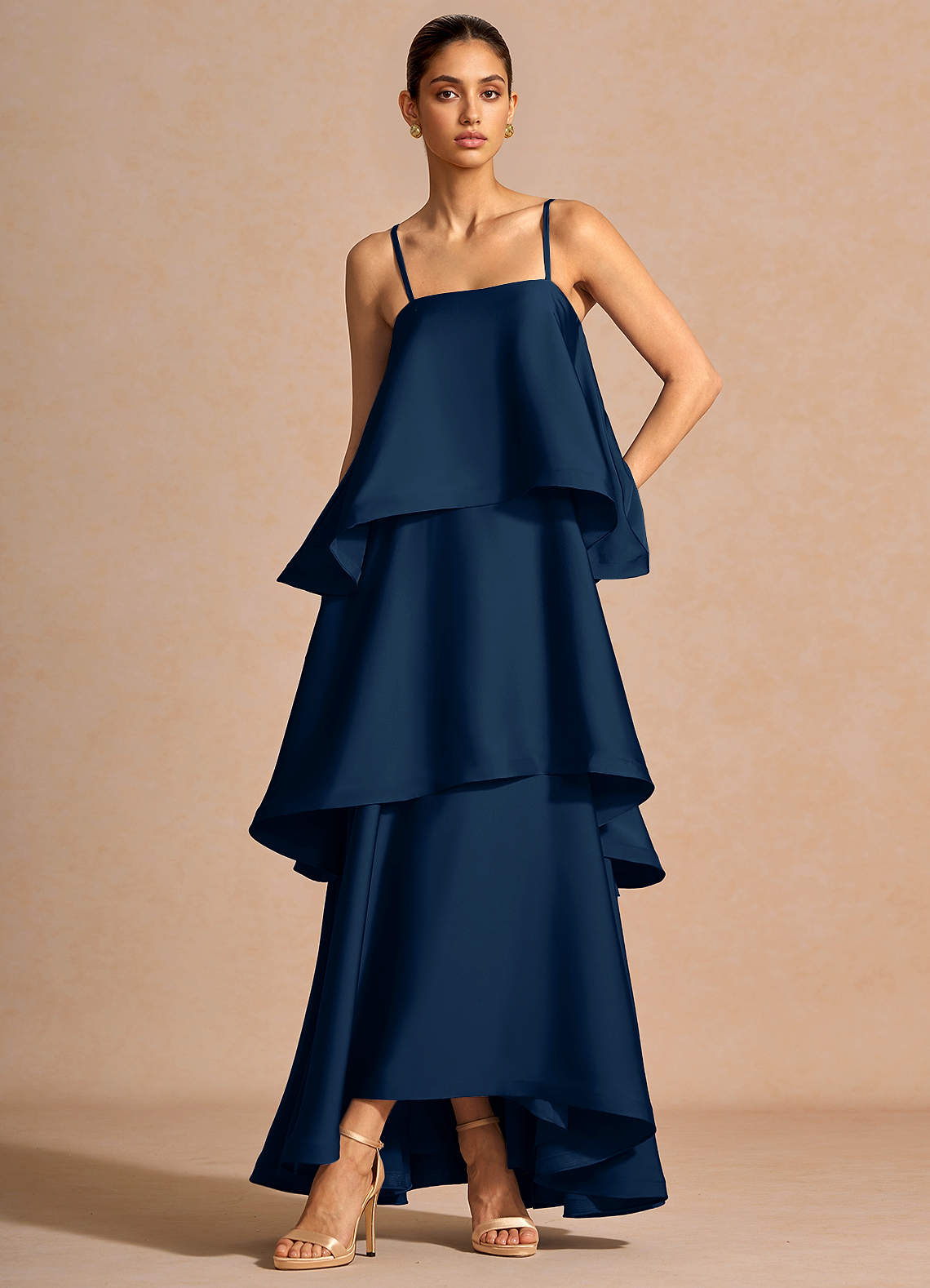 Itasca A-Line Tiered Stretch Satin Wedding Guest Dress in Navy