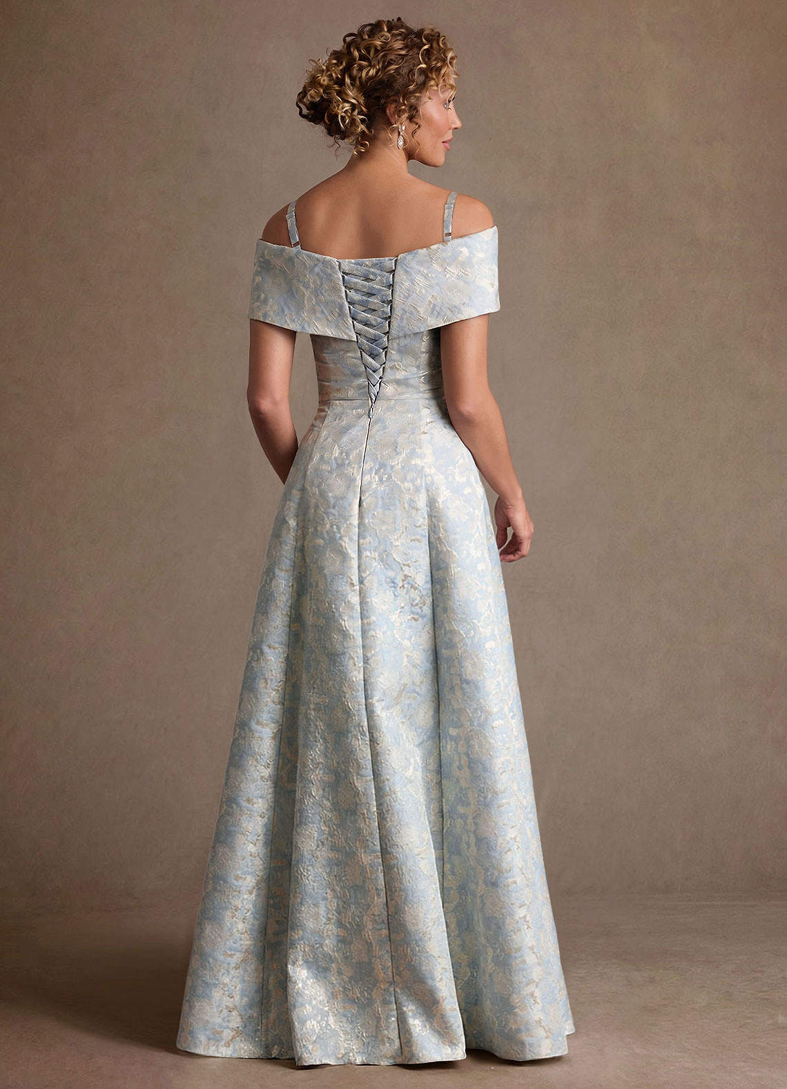 Harriett A-Line Off-the-Shoulder Jacquard Mother of the Bride Dress in dusty blue