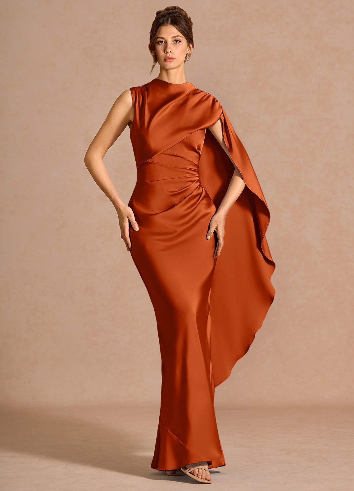Chesney Cape-Sleeve Pleated Stretch Satin Wedding Guest Dress in Dusty Blue