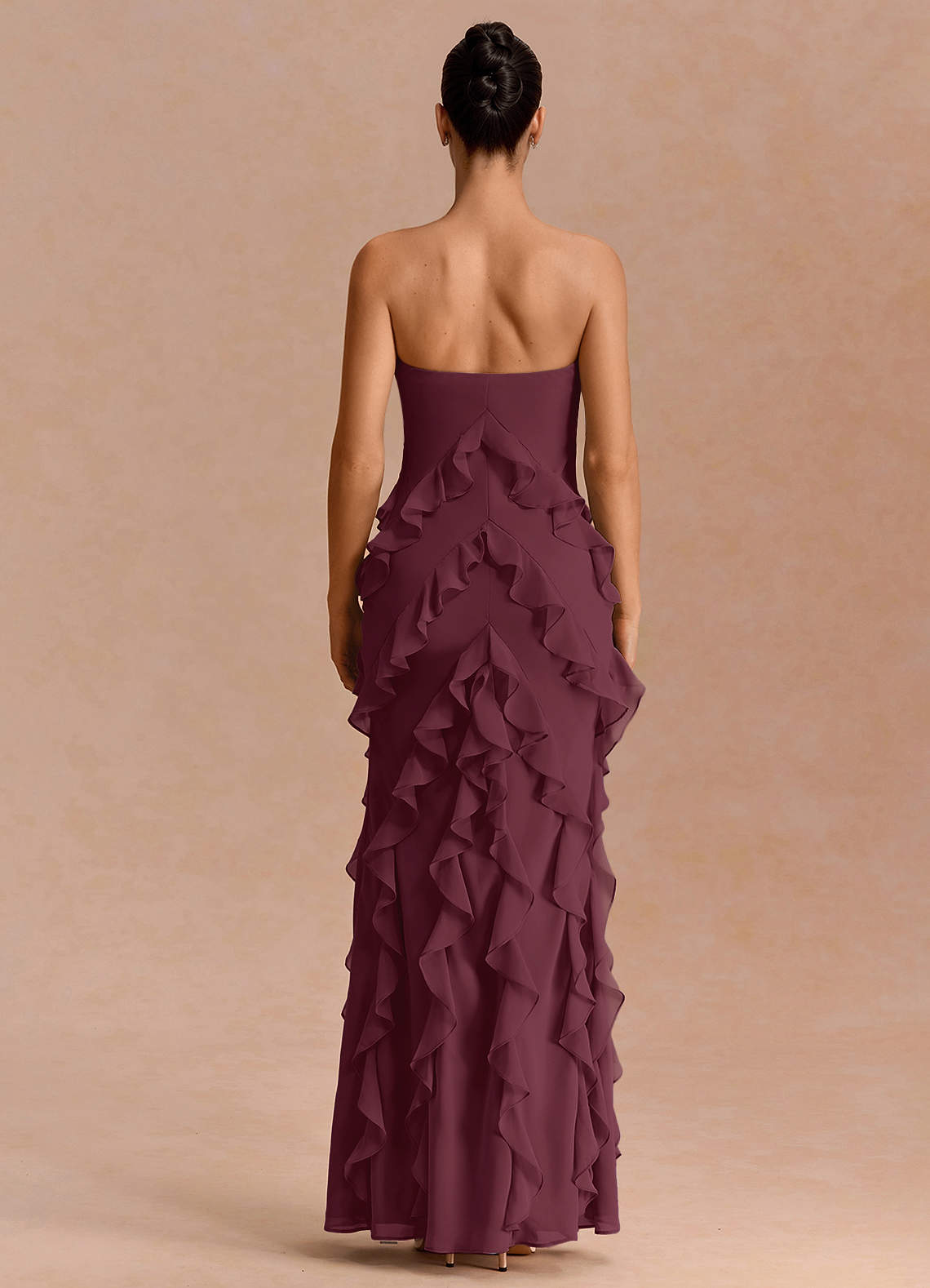 Eira A-Line Ruffle Chiffon Evening Dress in Wine