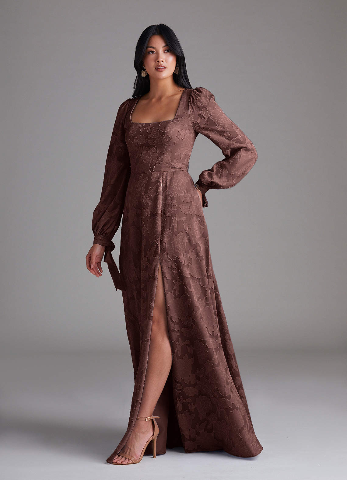 Leonia A-Line Square-Neck Stretch Satin Bridesmaid Dress in Espresso