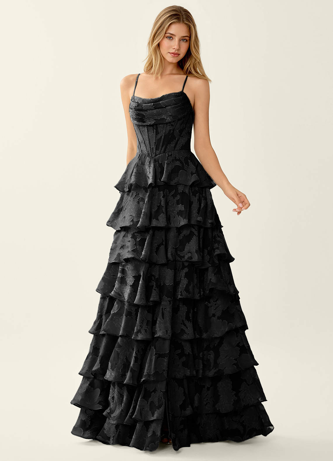 Wrenana A-Line Cowl-Neck Floral Burnout Evening Dress in Black