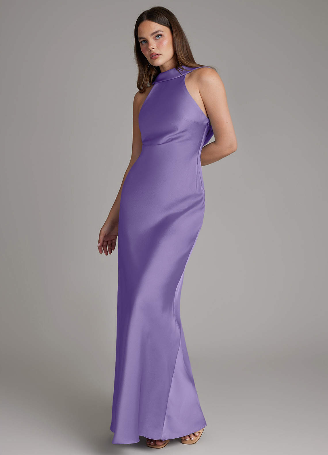 Dimitra Sheath Halter Stretch Satin Bridesmaid Dress in Tahiti