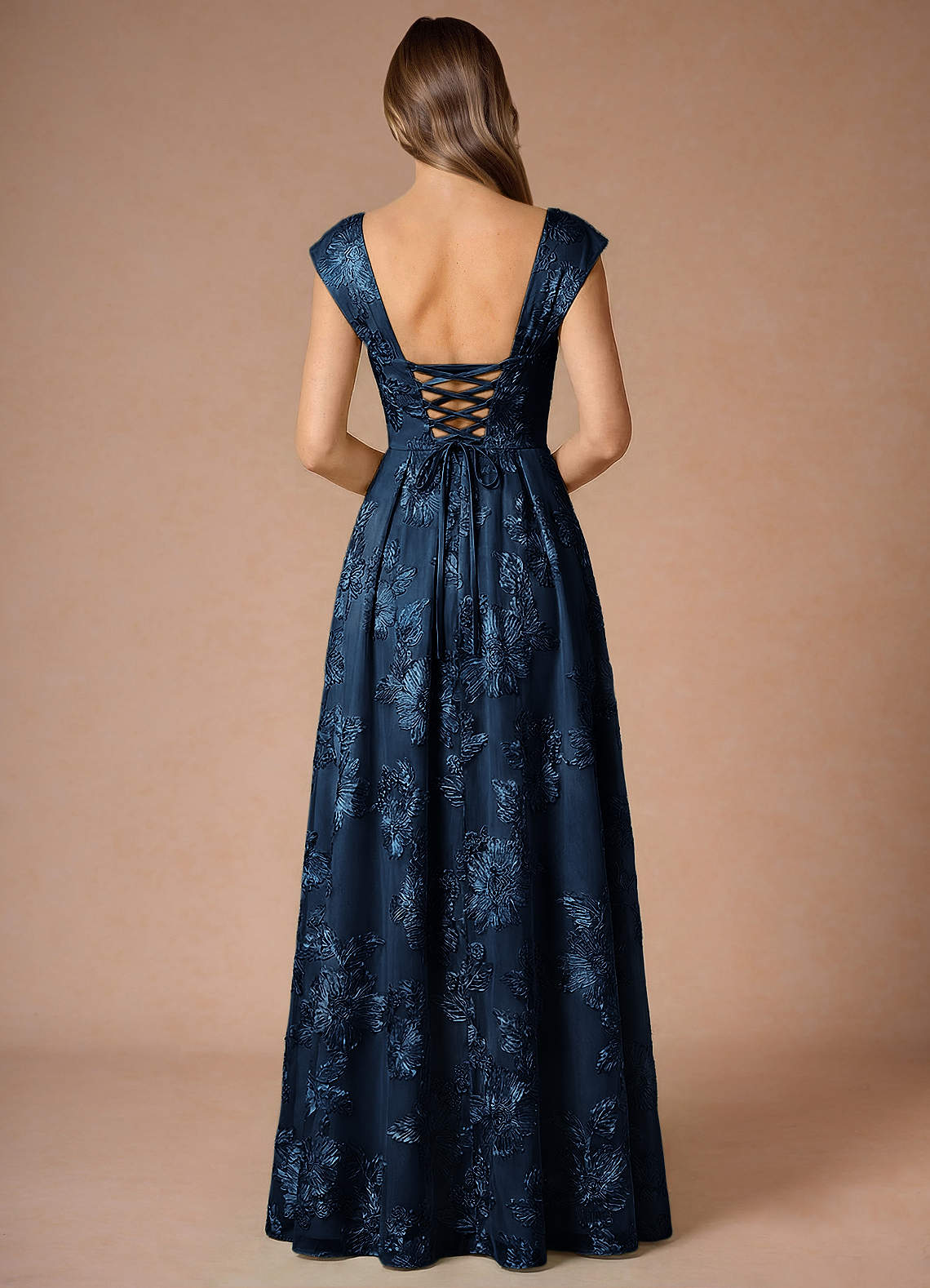 Hazel A-Line Cowl-Neck Floral Mesh Wedding Guest Dress in Navy