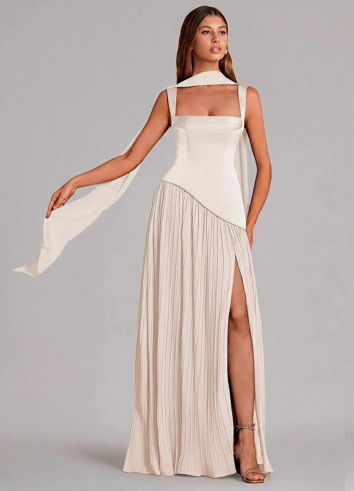 Stephanie A-Line Square-Neck Stretch Satin and Chiffon Bridesmaid Dress in White Alabaster
