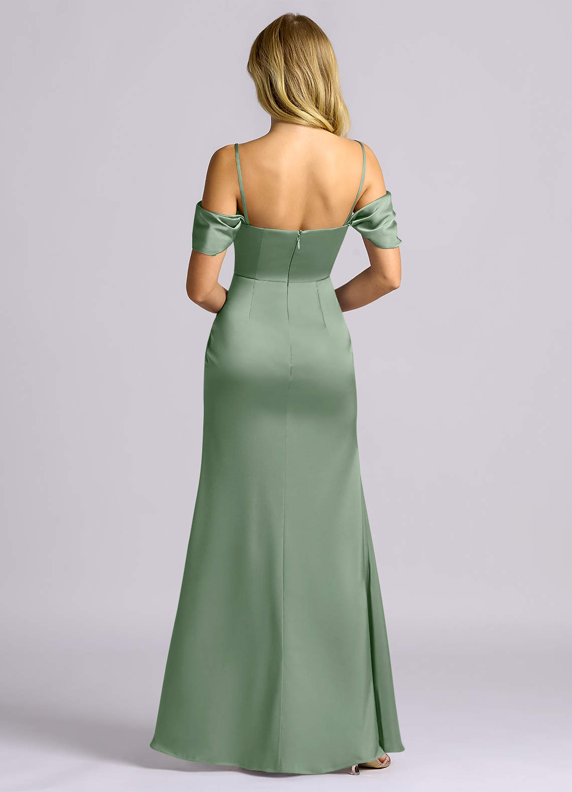 Auden Sheath Off-the-Shoulder Stretch Satin Bridesmaid Dress in Matcha