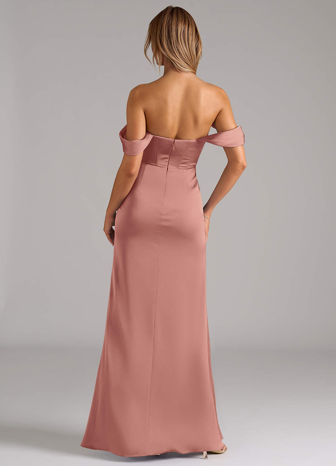 Johana Mermaid Off-the-Shoulder Stretch Satin Bridesmaid Dress in Rosette