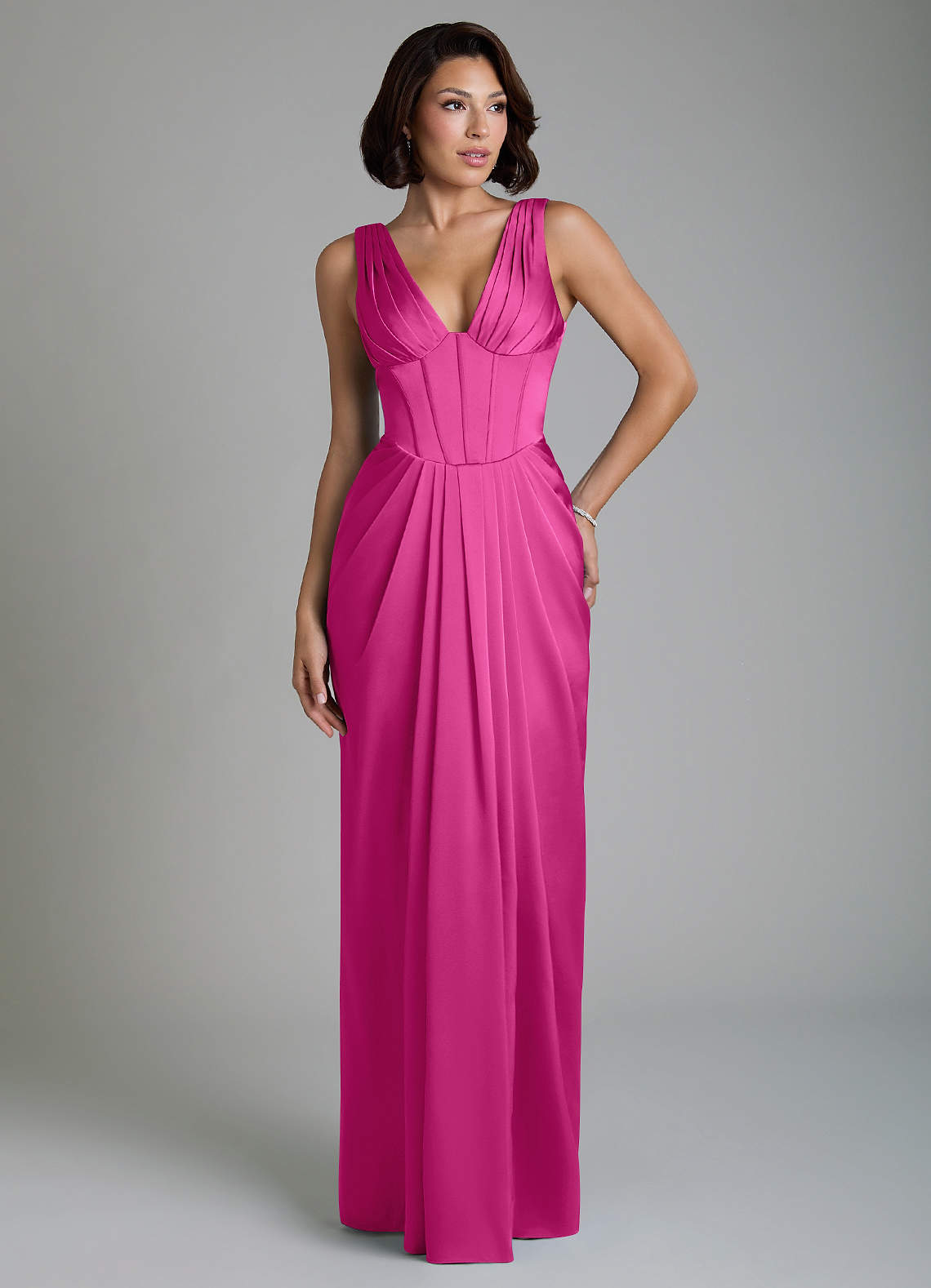 Vanya Sheath V-Neck Stretch Satin Bridesmaid Dress in Fuchsia
