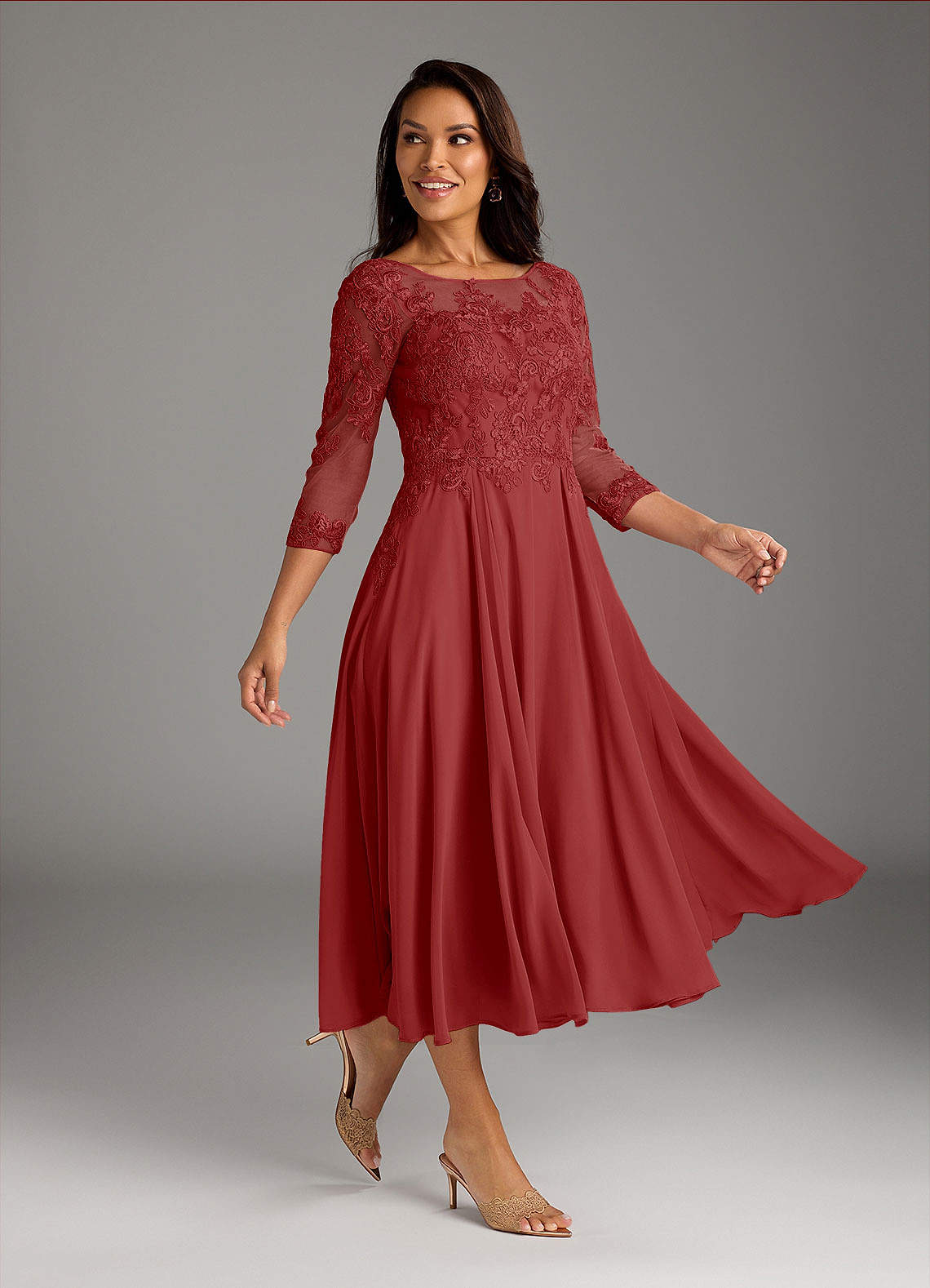 Marge A-Line Scoop-Neck Chiffon and Lace Mother of the Bride Dress in Rust
