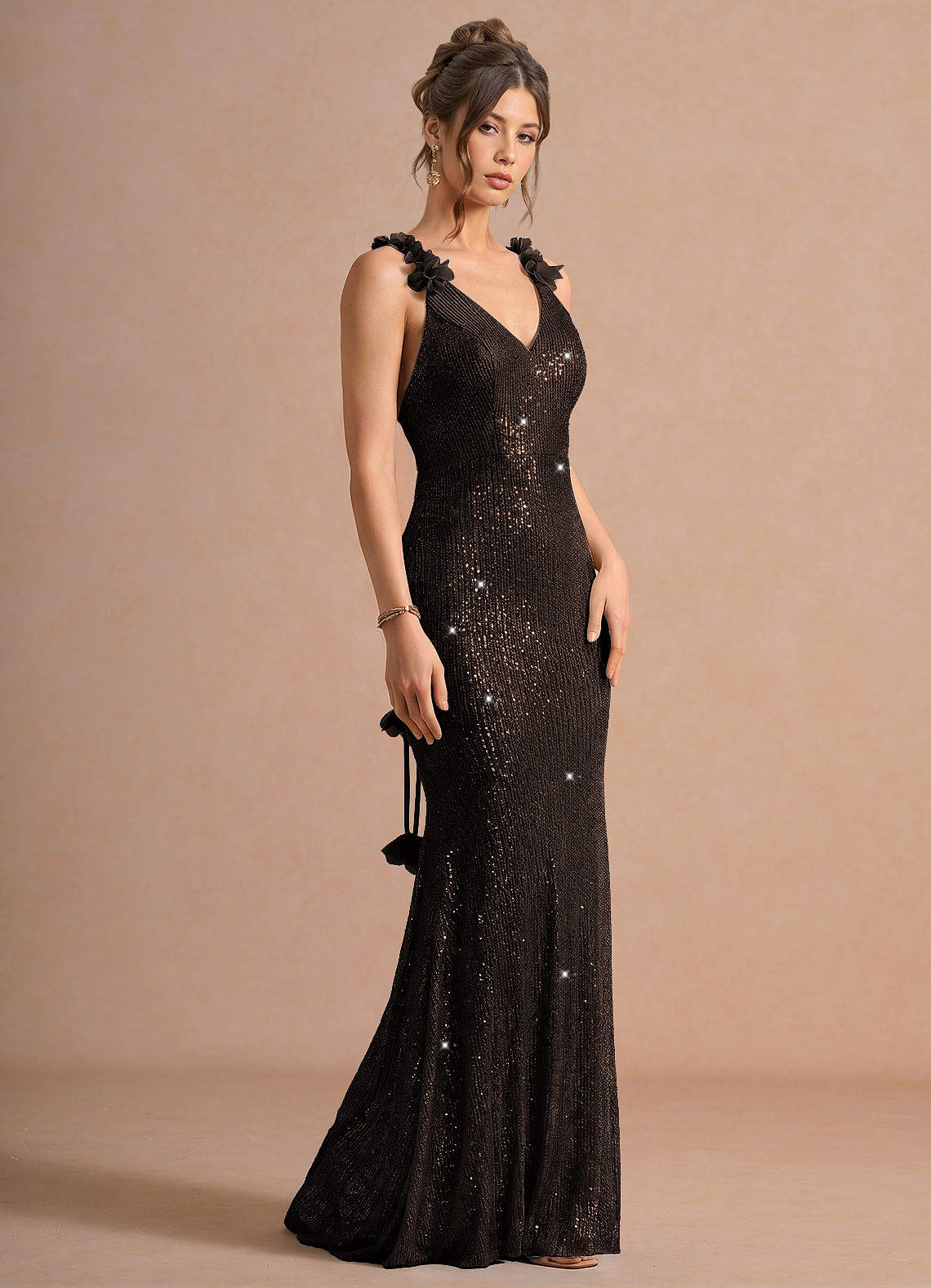 Selara Open-Back Floral Sequin Chiffon Evening Dress in Bronze