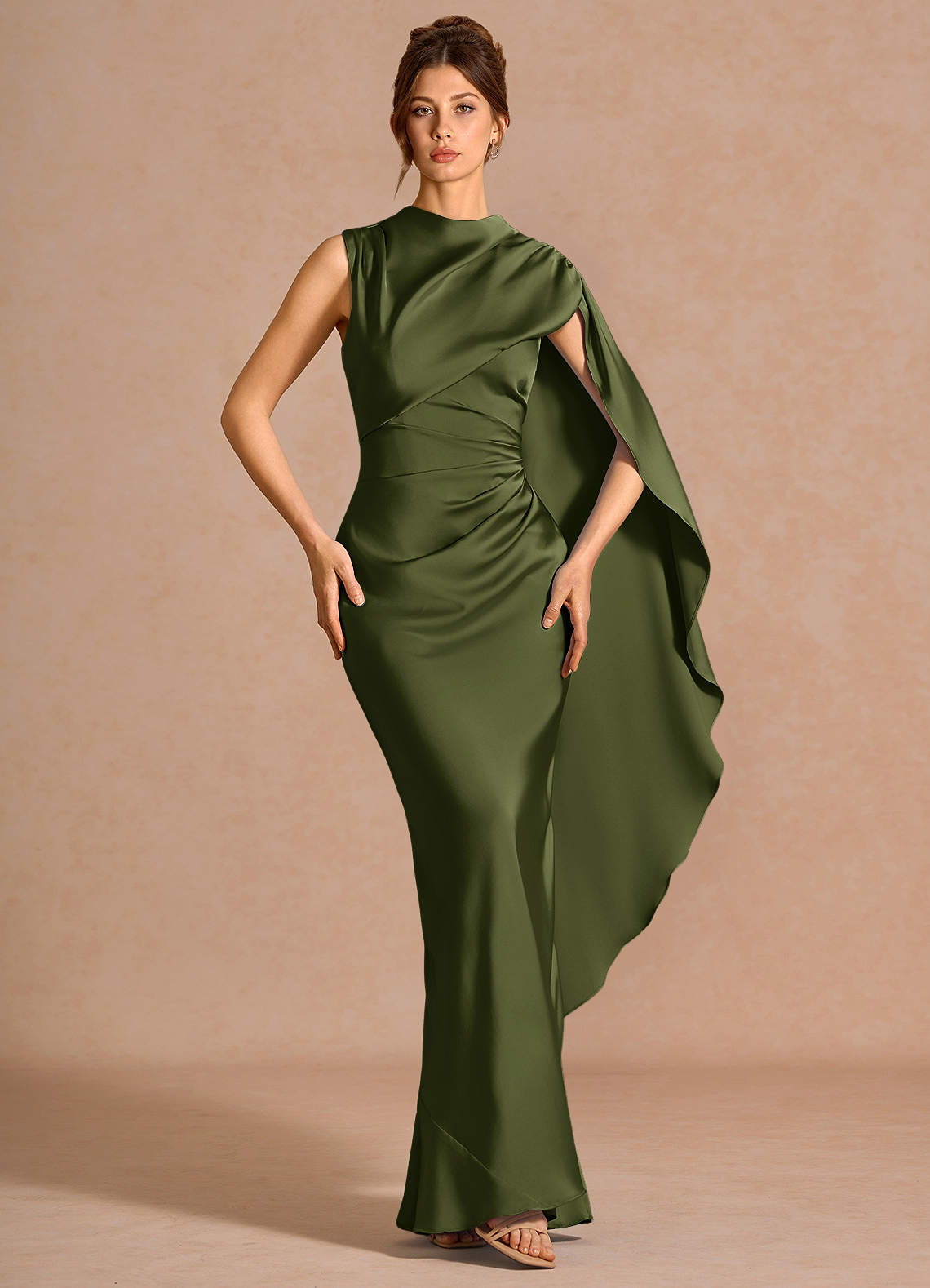 Chesney Cape-Sleeve Pleated Stretch Satin Wedding Guest Dress in Olive