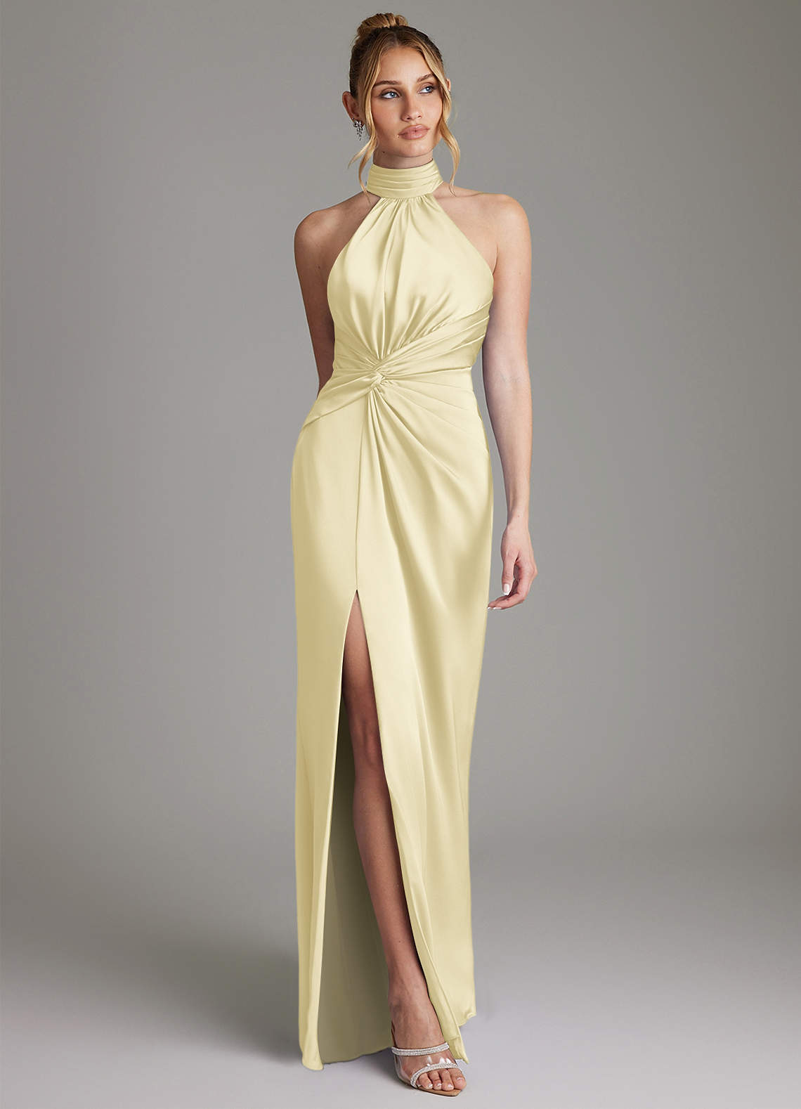 Gracelynn Sheath Halter Stretch Satin Bridesmaid Dress in Lemon Sorbet
