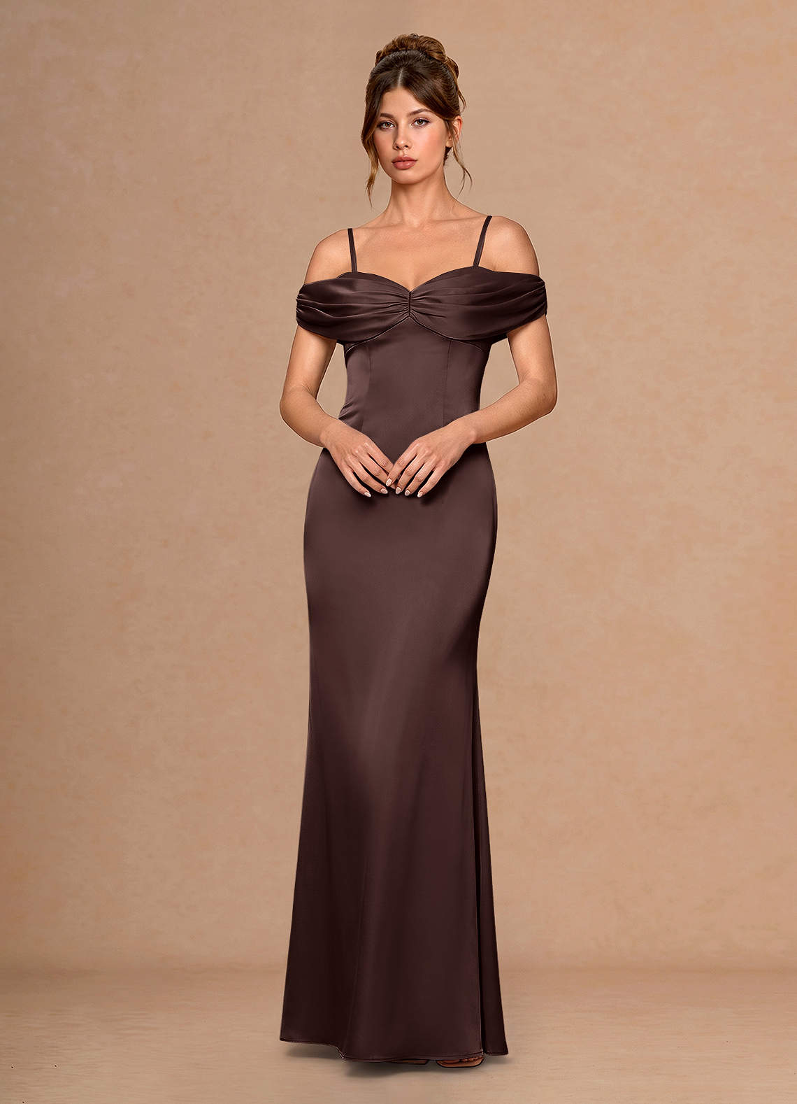 Estelle A-Line Cold-Shoulder Satin Chiffon Evening Dress in Truffle