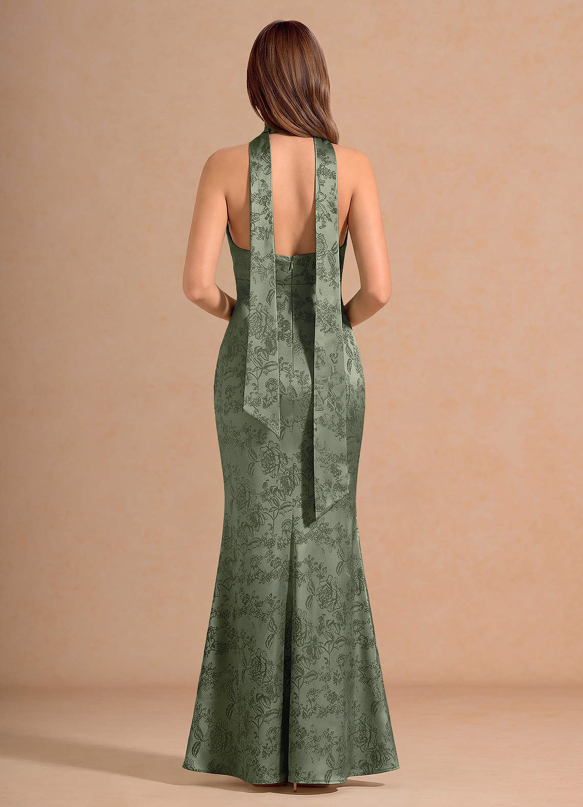 Ottoline Plunging V-Neck Open-Back Jacquard Evening Dress in Sage Blue