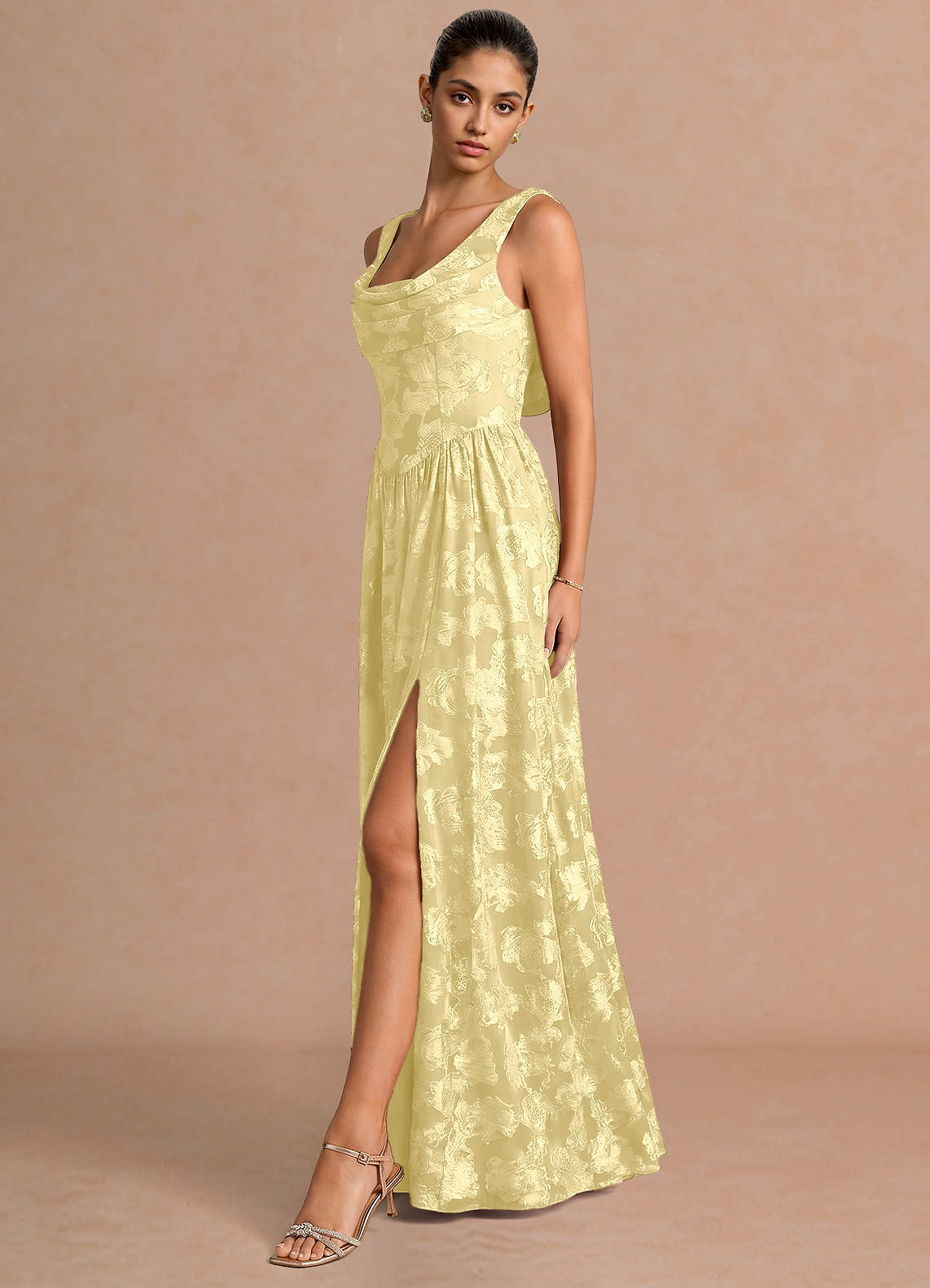 Novi A-Line Draped-Neck Floral Fil Coupé Evening Dress in Lemon Sorbet