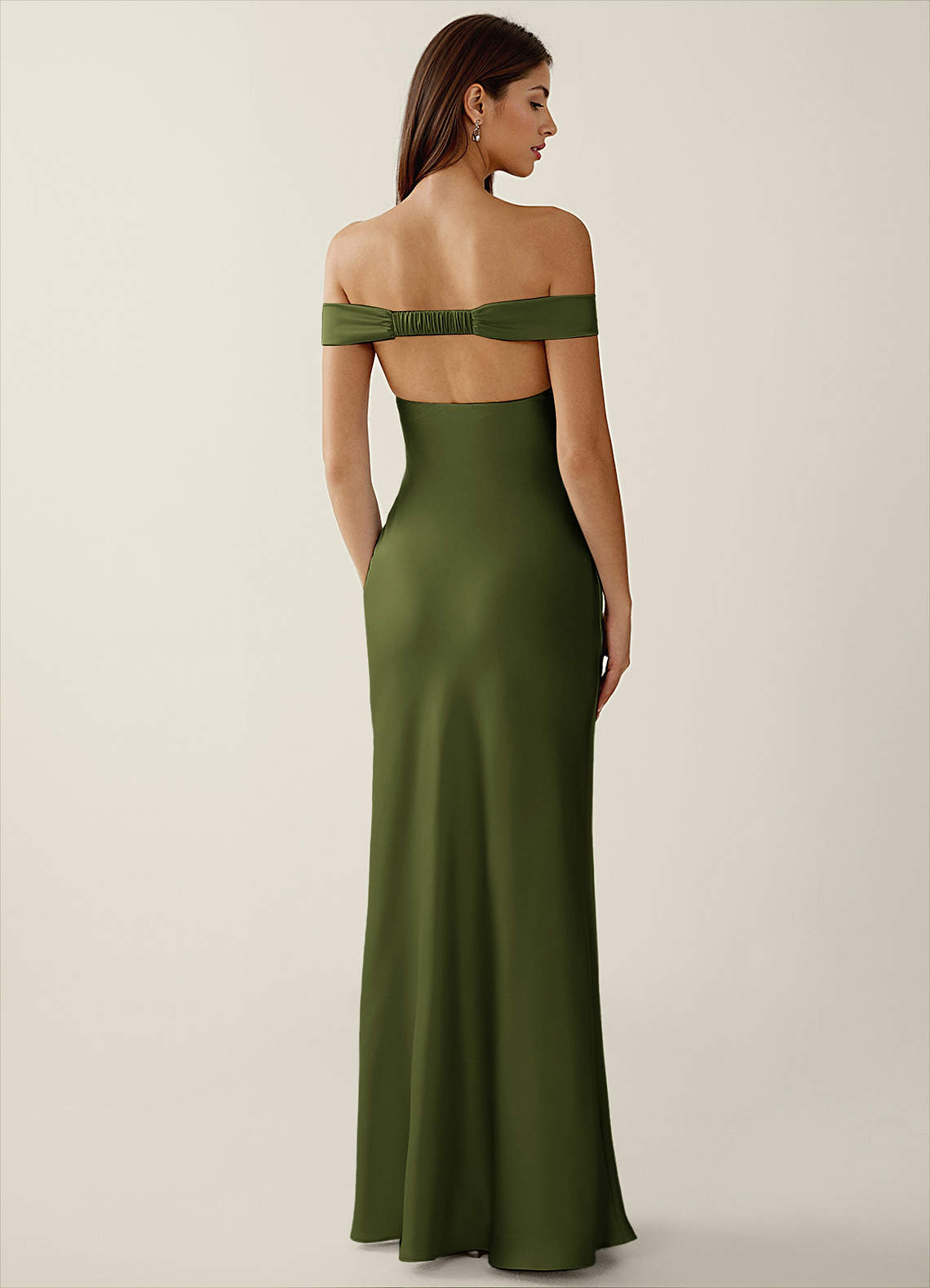 Gwendonme Sheath Off-the-Shoulder Satin Crystal Linen Evening Dress in Olive