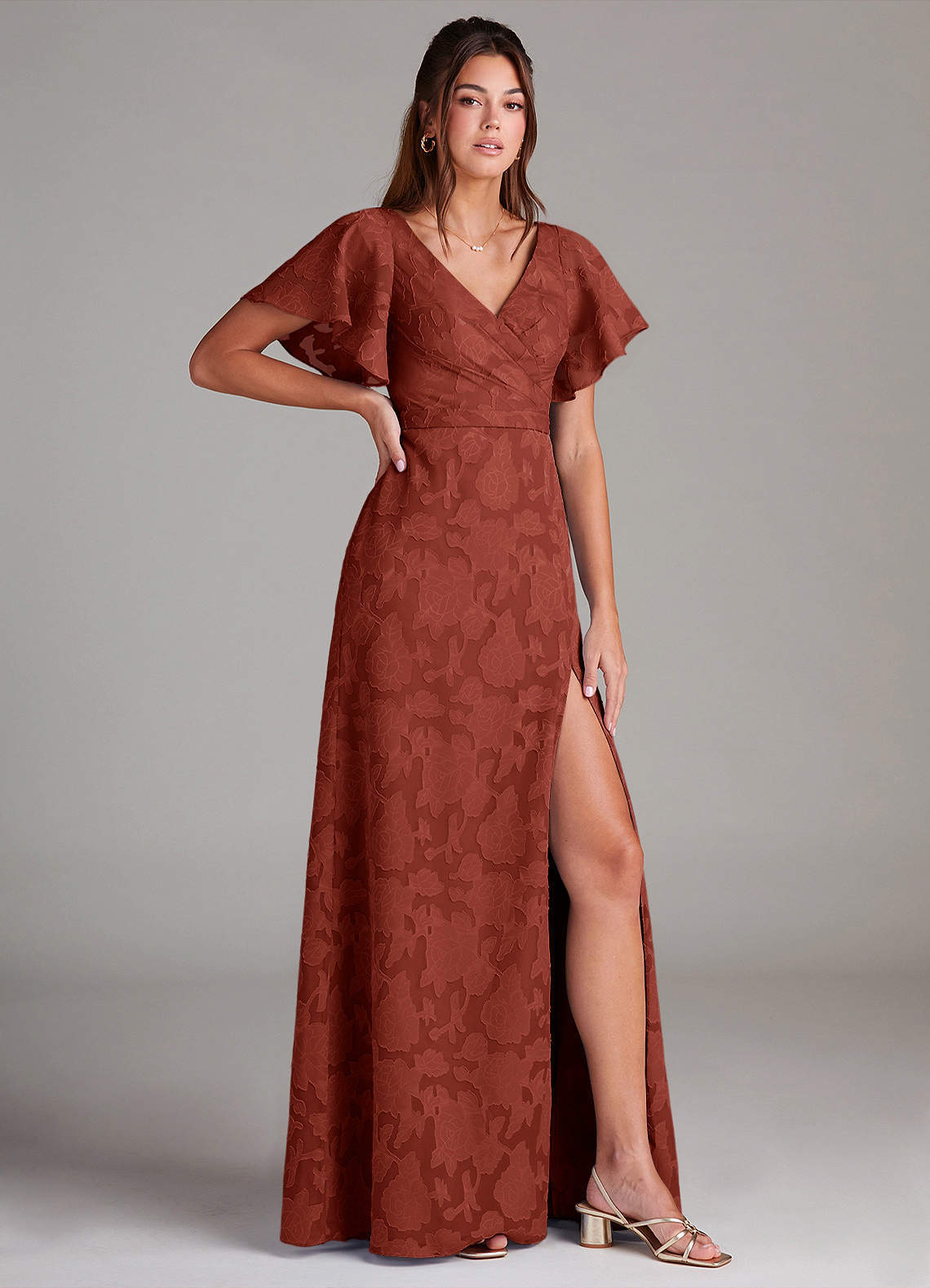 Ambrosia A-Line V-Neck Floral Burnout Bridesmaid Dress in Terracotta