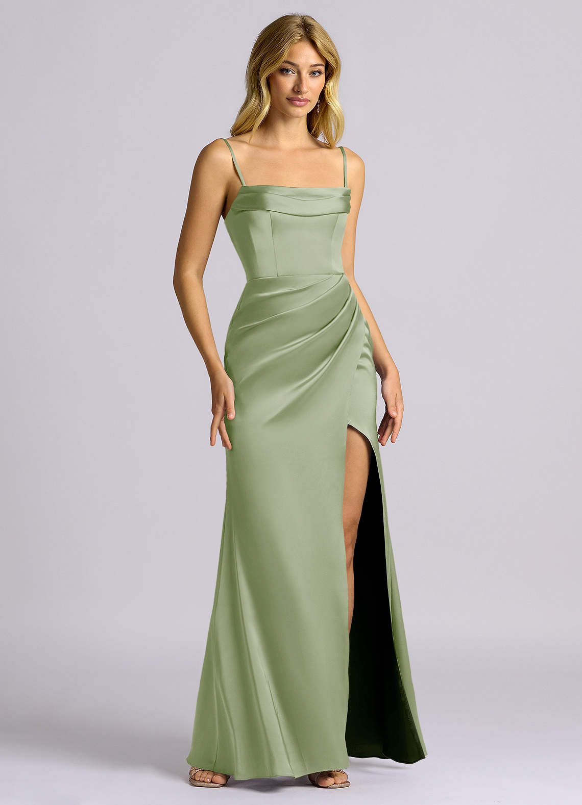 Auden Sheath Off-the-Shoulder Stretch Satin Bridesmaid Dress in Dusty Sage