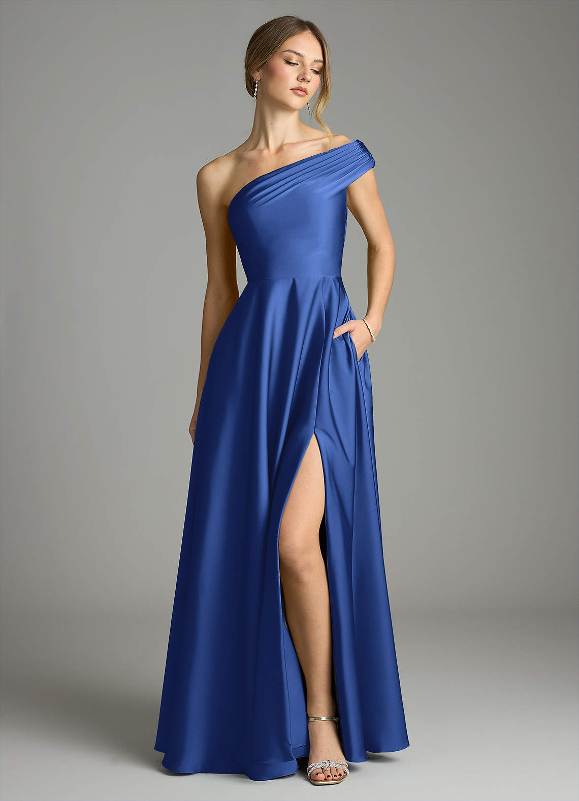 Melanie A-Line One-Shoulder Stretch Satin Bridesmaid Dress in Royal Blue