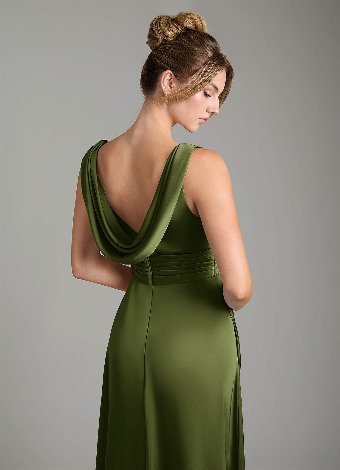 Karina A-Line V-Neck Stretch Satin Bridesmaid Dress in Olive