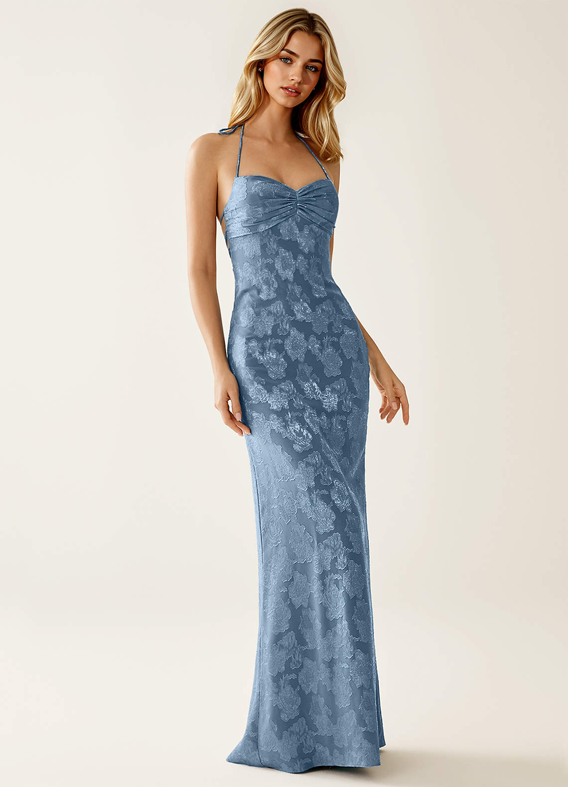 Angena Sheath Halter Floral Burnout Evening Dress in Lemon Sorbet