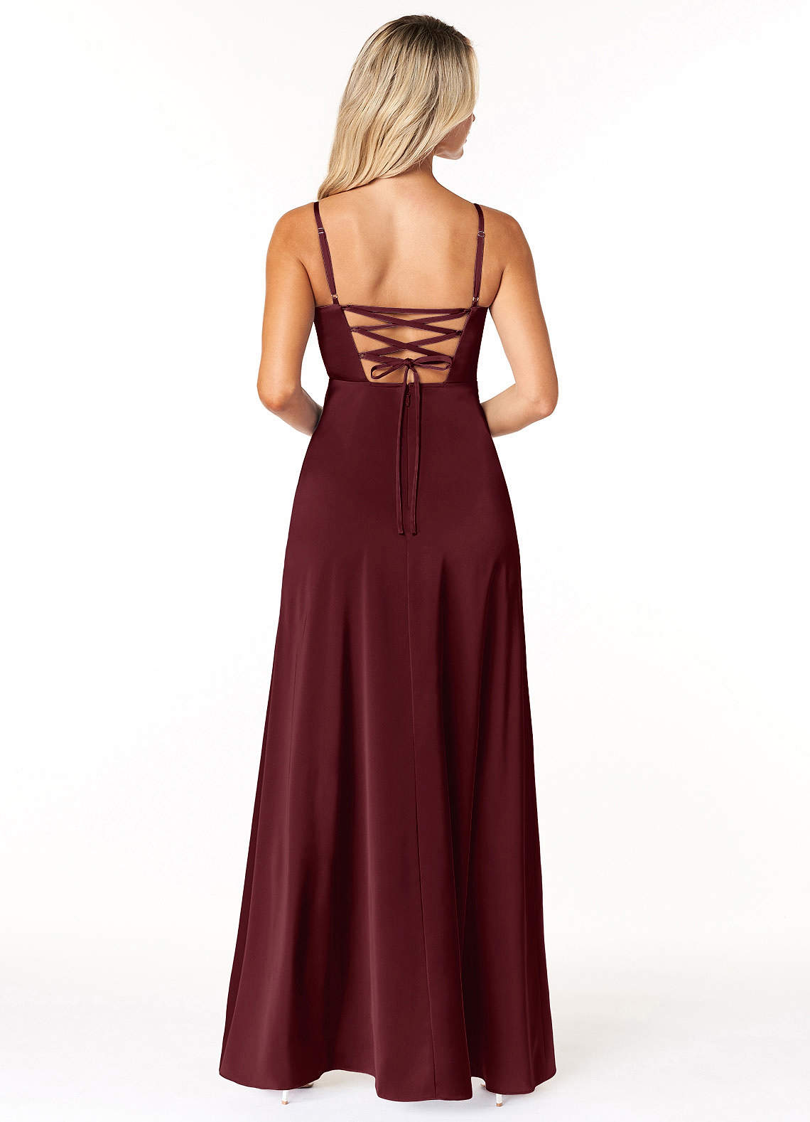 Marchella A-Line V-Neck Stretch Satin Bridesmaid Dress in Cabernet