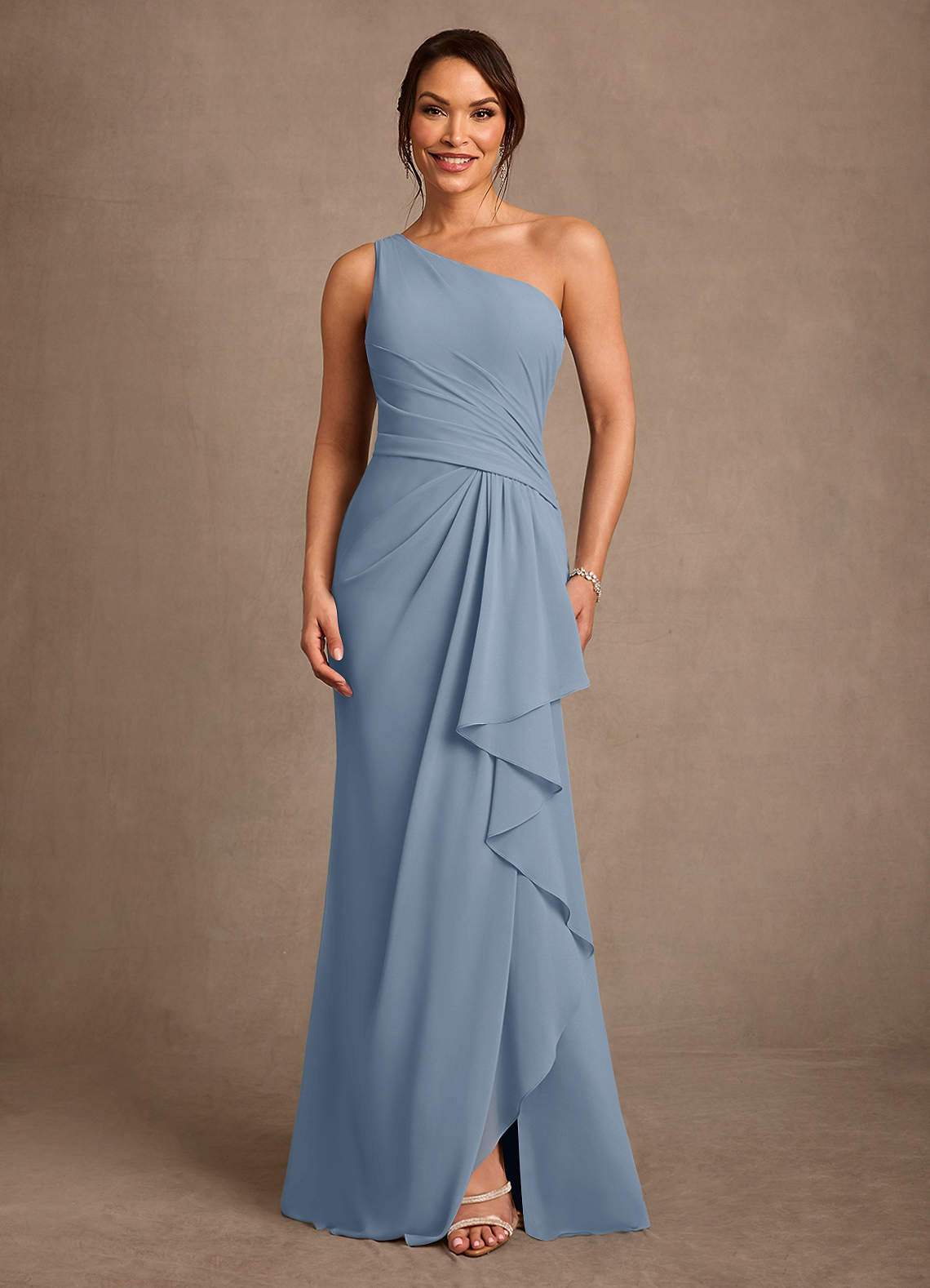 Floy Sheath One-Shoulder Chiffon Mother of the Bride Dress in dusty blue