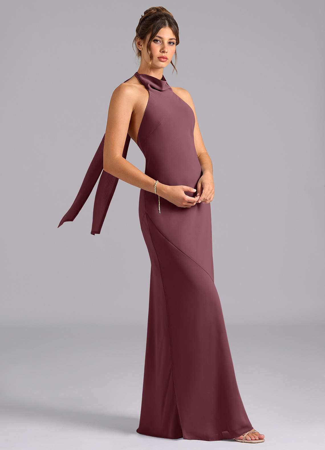 Velli Mermaid Halter Chiffon Bridesmaid Dress in Sangria
