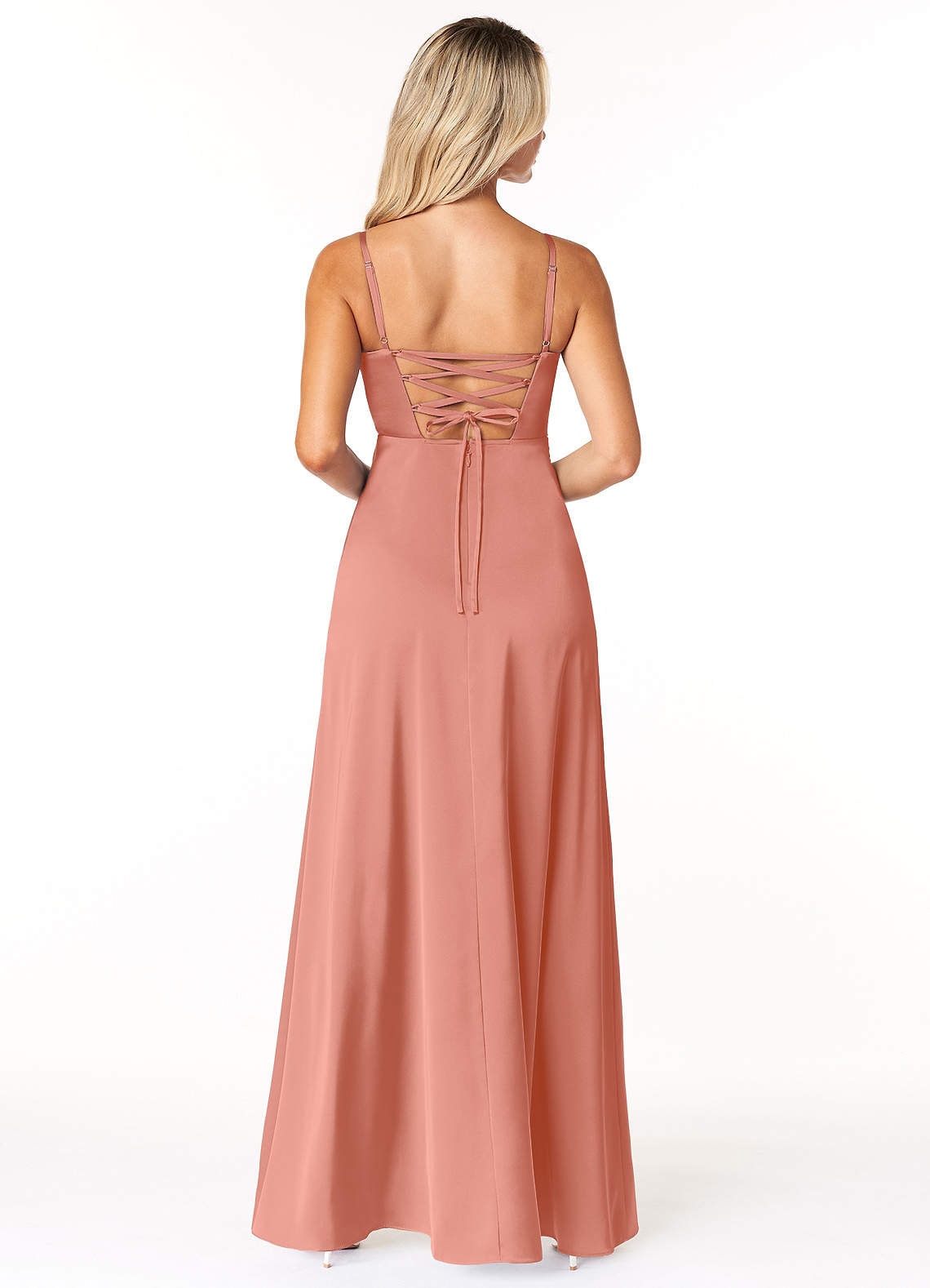 Marchella A-Line V-Neck Stretch Satin Bridesmaid Dress in Salmon Pink