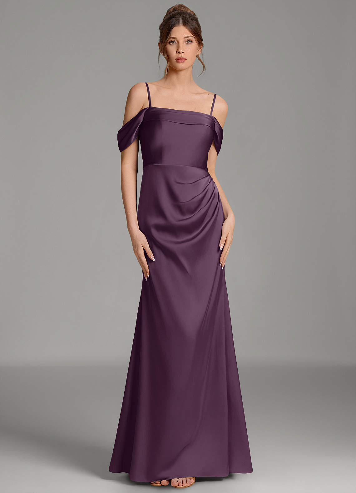 Wyatt Mermaid Off-the-Shoulder Stretch Satin Bridesmaid Dress in Plum