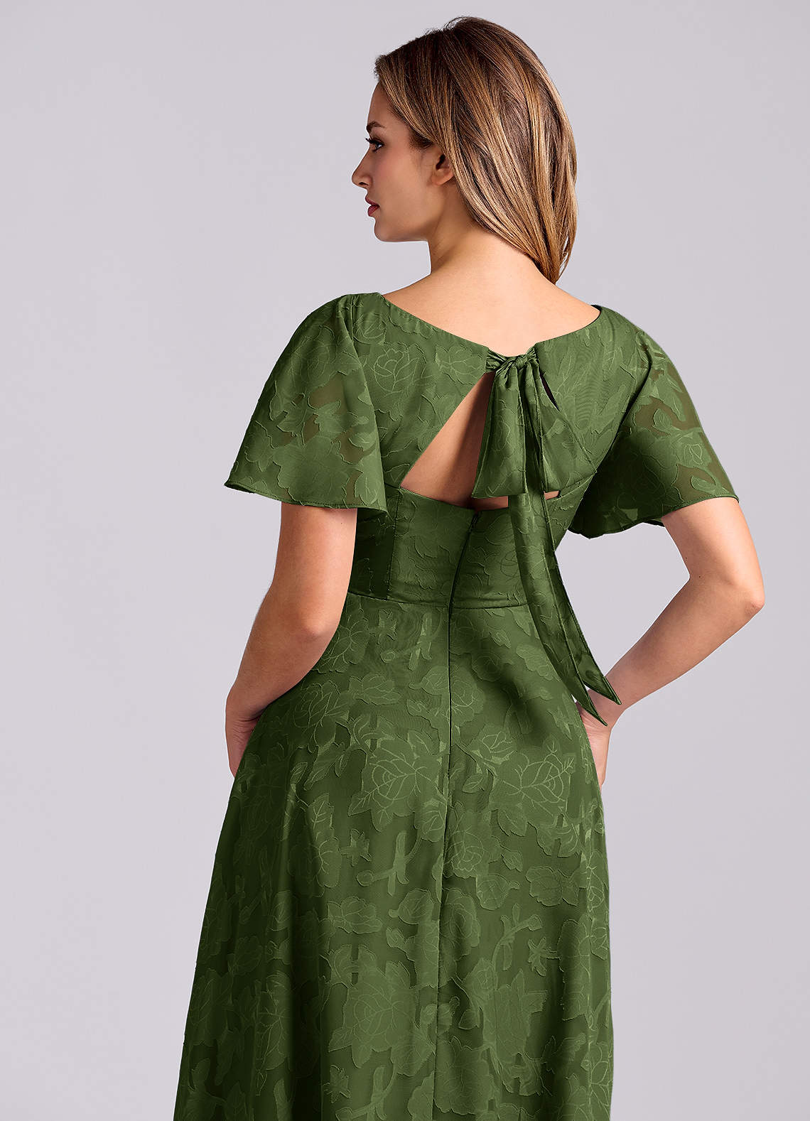 Kimber A-Line V-Neck Floral Burnout Bridesmaid Dress in Olive
