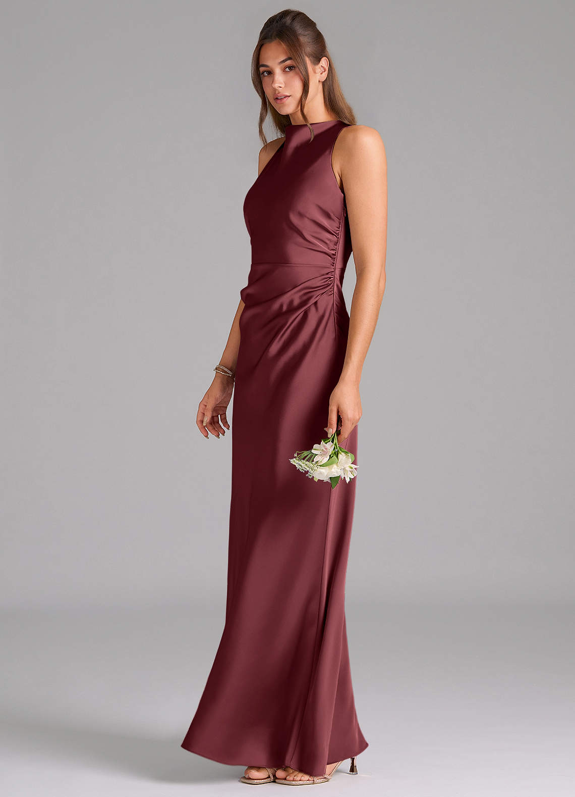 Evadne Sheath Scoop-Neck Stretch Satin Bridesmaid Dress in Merlot