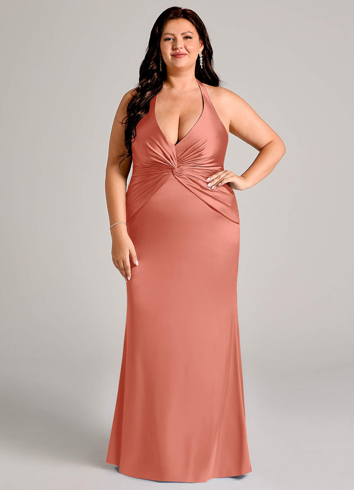 Valerie Mermaid V-Neck Stretch Satin Bridesmaid Dress in Salmon Pink