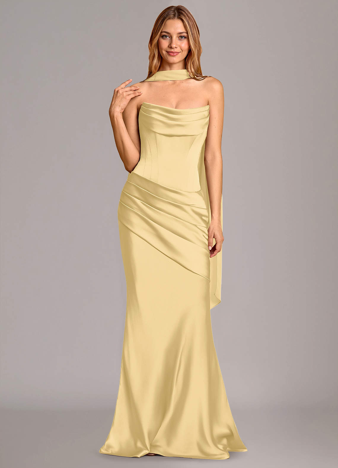 Pelagia Mermaid Cowl-Neck Stretch Satin Bridesmaid Dress in Butter