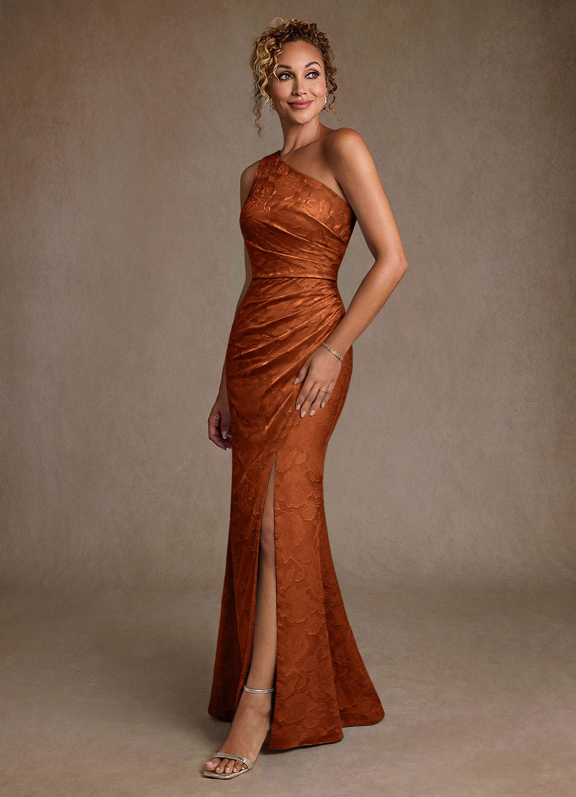 Joylin Trumpet One-Shoulder Floral Burnout Mother of the Bride Dress in Burnt Orange