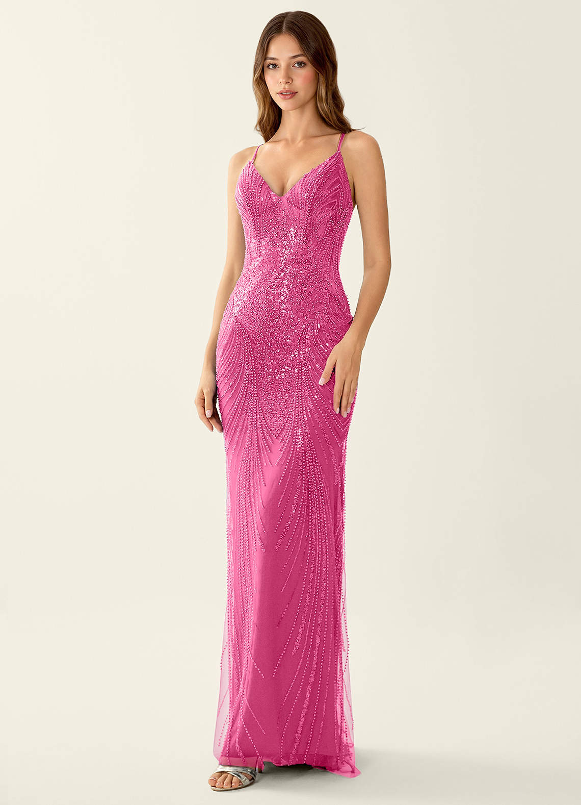Magnolia Mermaid Beaded Sequined Stretch Mesh Evening Dress in Fuchsia