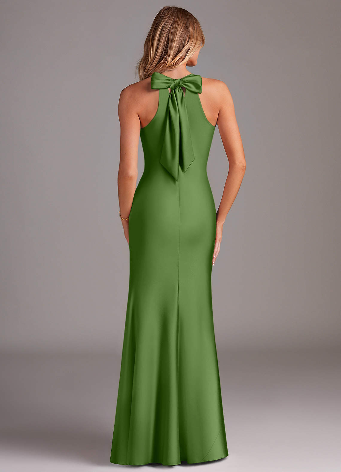 Doretta Mermaid Halter Stretch Satin Bridesmaid Dress in Basil