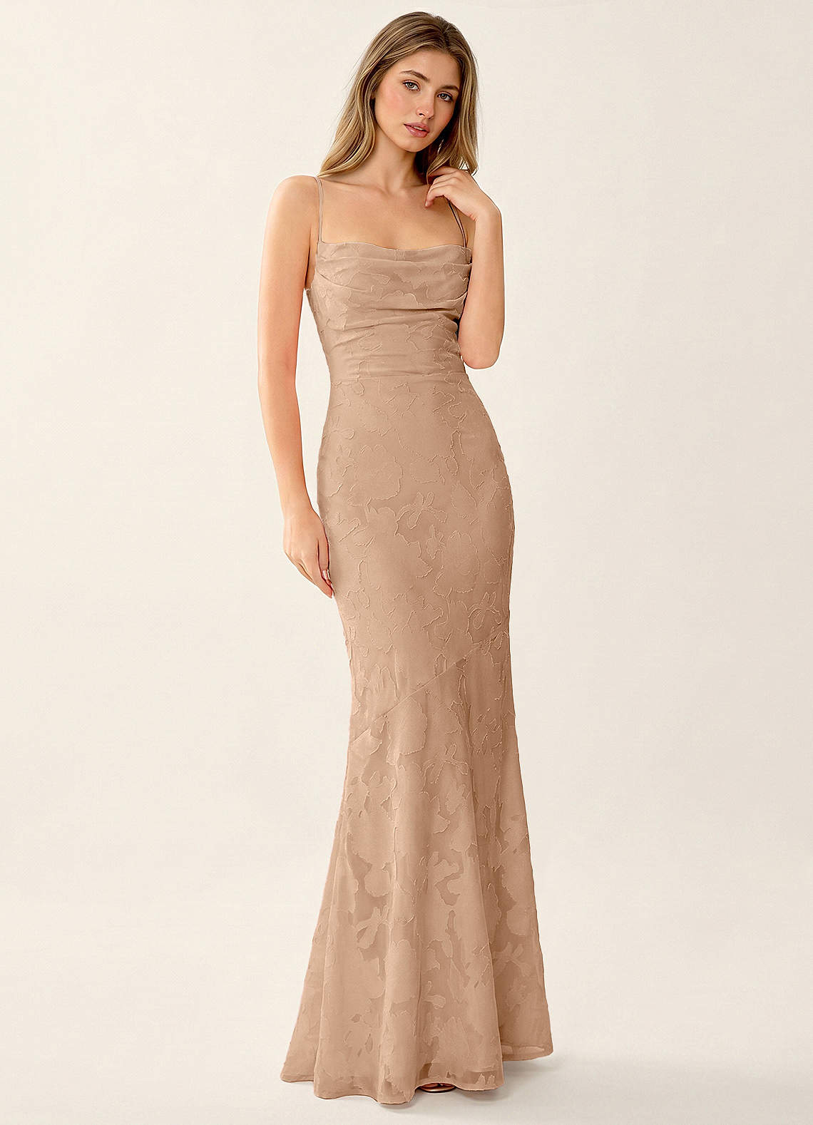 Natasha Mermaid Spaghetti-Strap Floral Burnout Evening Dress in Burgundy