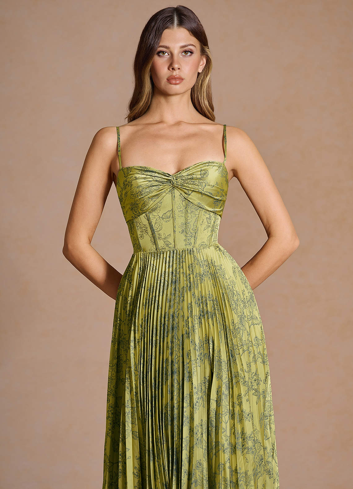 Vesper Pleated Knot-Neck Jacquard Wedding Guest Dress in Moss Navy