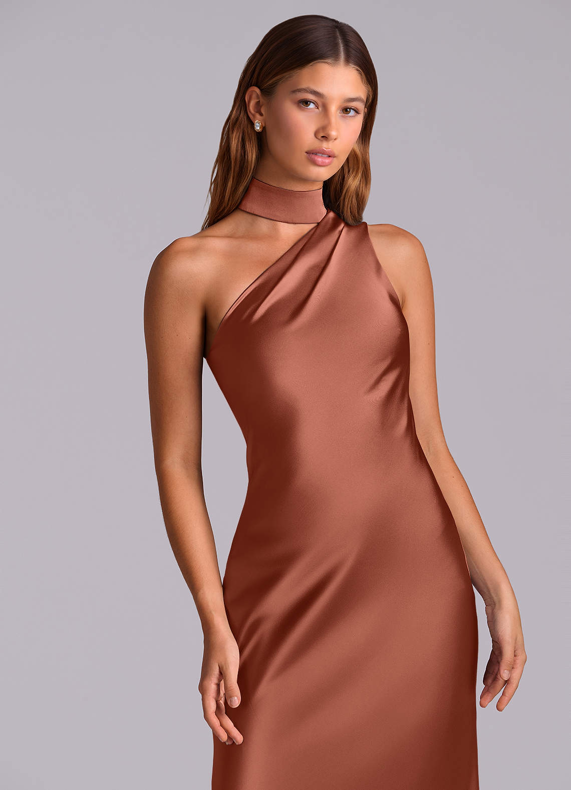 Seona Mermaid One-Shoulder Stretch Satin and Tulle Bridesmaid Dress in Auburn