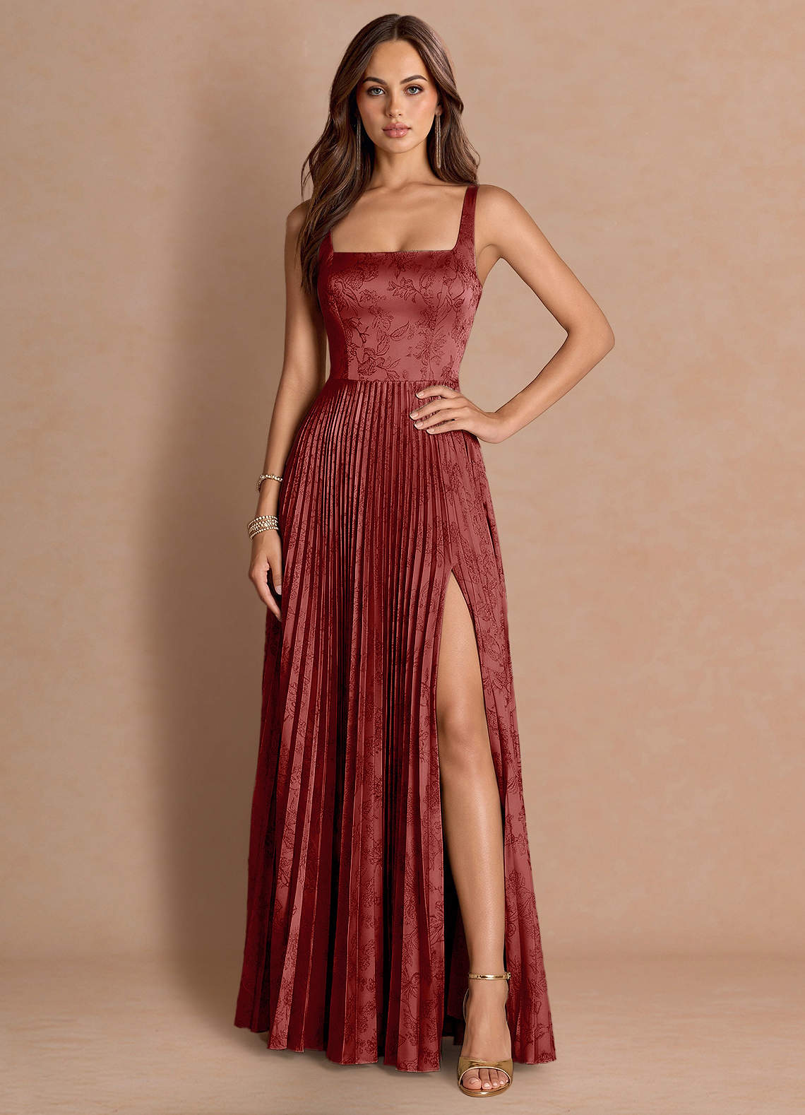 Tatiana A-Line Square-Neck Jacquard Wedding Guest Dress in Orange Red
