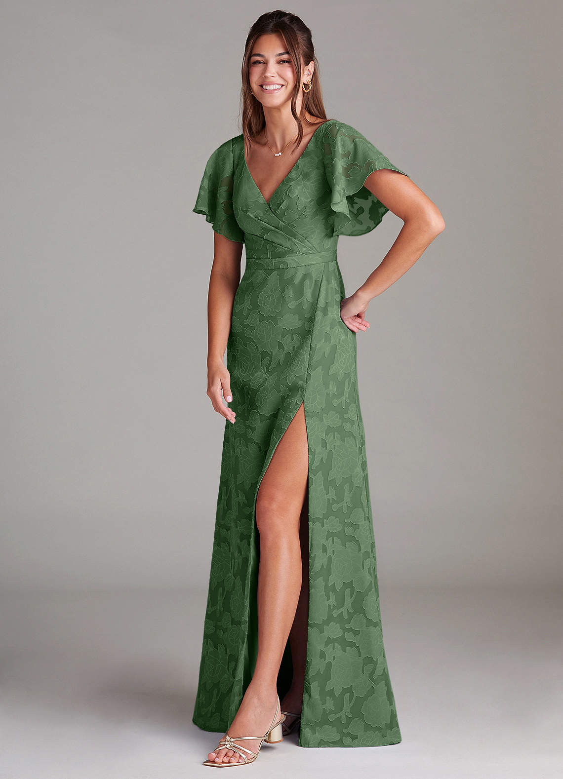 Ambrosia A-Line V-Neck Floral Burnout Bridesmaid Dress in Eucalyptus