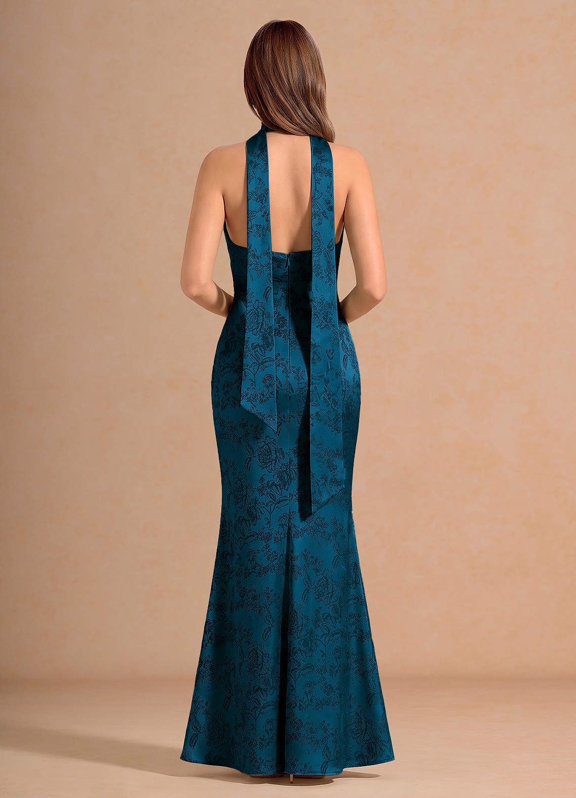 Ottoline Plunging V-Neck Open-Back Jacquard Evening Dress in Navy Black