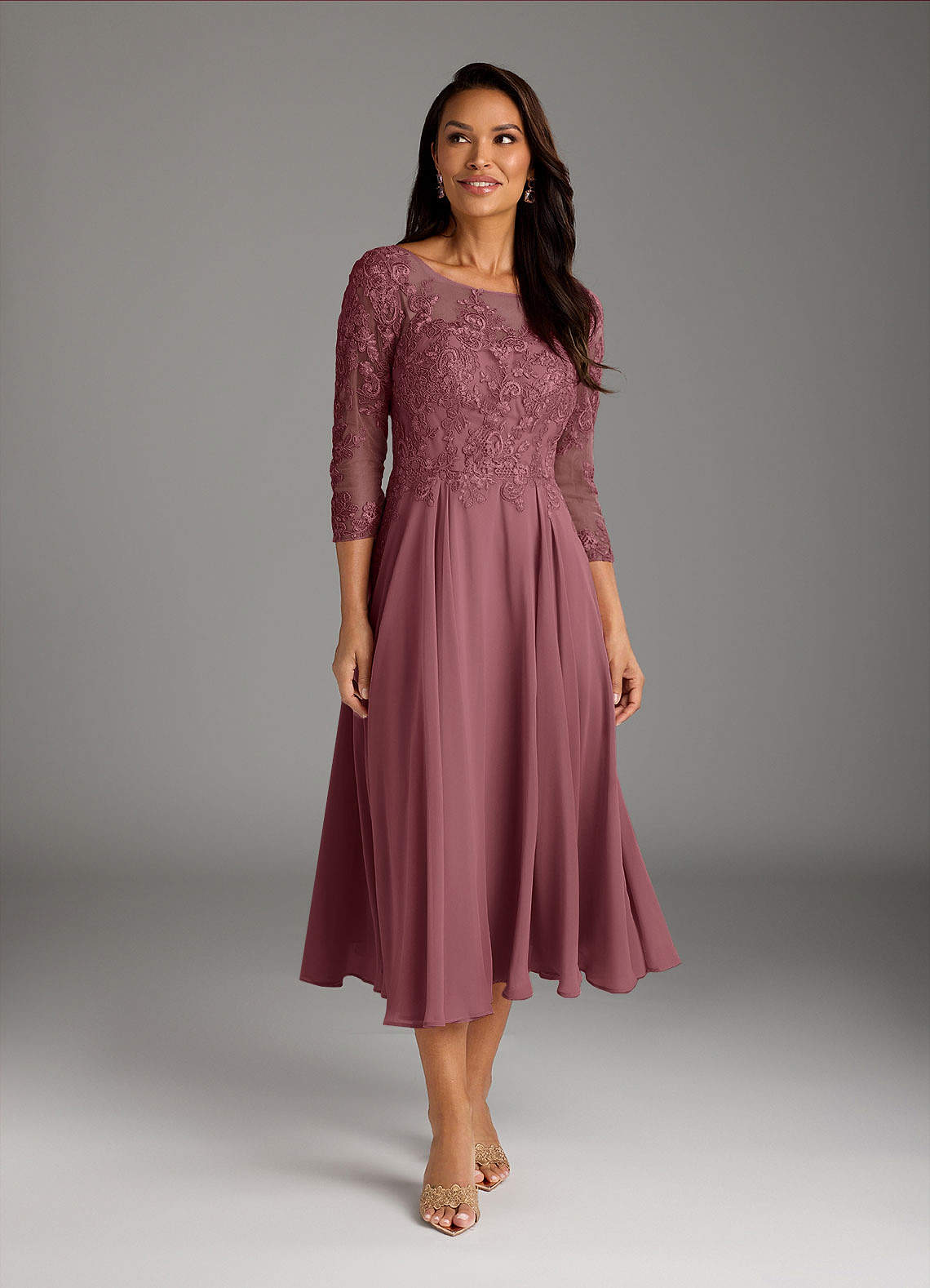 Marge A-Line Scoop-Neck Chiffon and Lace Mother of the Bride Dress in Desert Rose